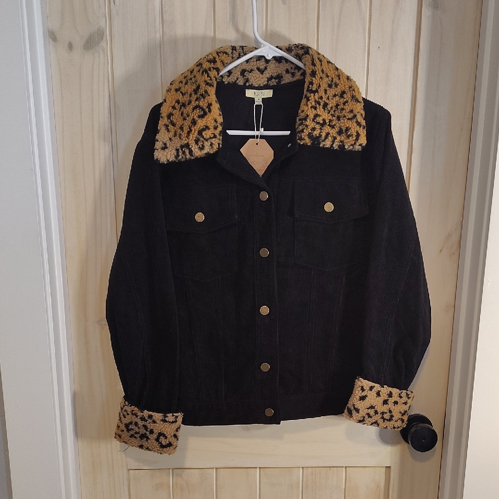 Kori Black Corduroy Jacket with Leopard Accents Women's Size Medium NWT